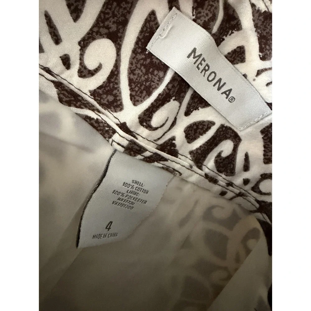 Merona Womens Brown Cream Geometric Scroll Print A-Line Skirt Size 4 Cotton Knee